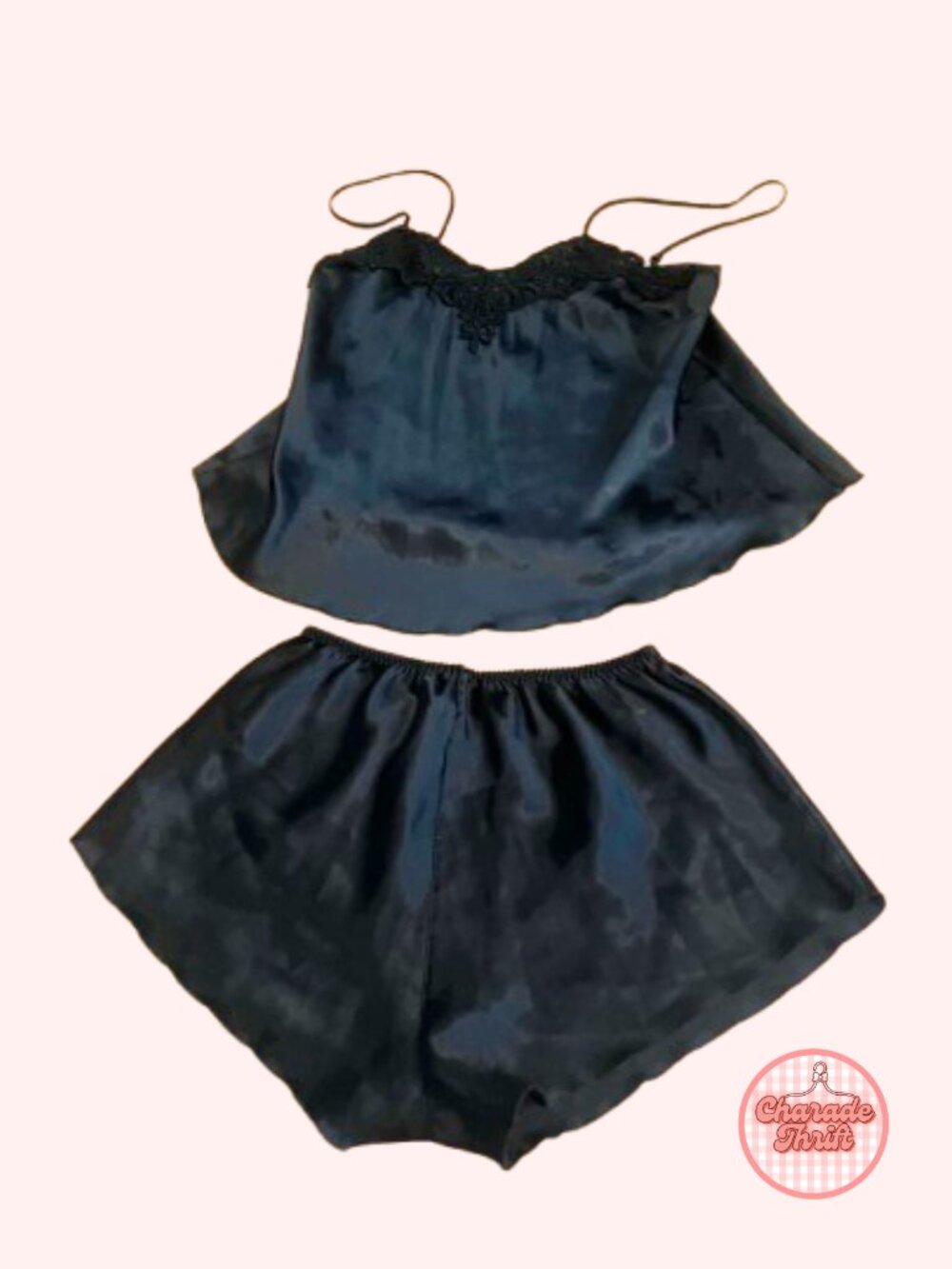 Vintage Black Satin Lace Trim Camisole & Shorts Sleep/Lingerie Set